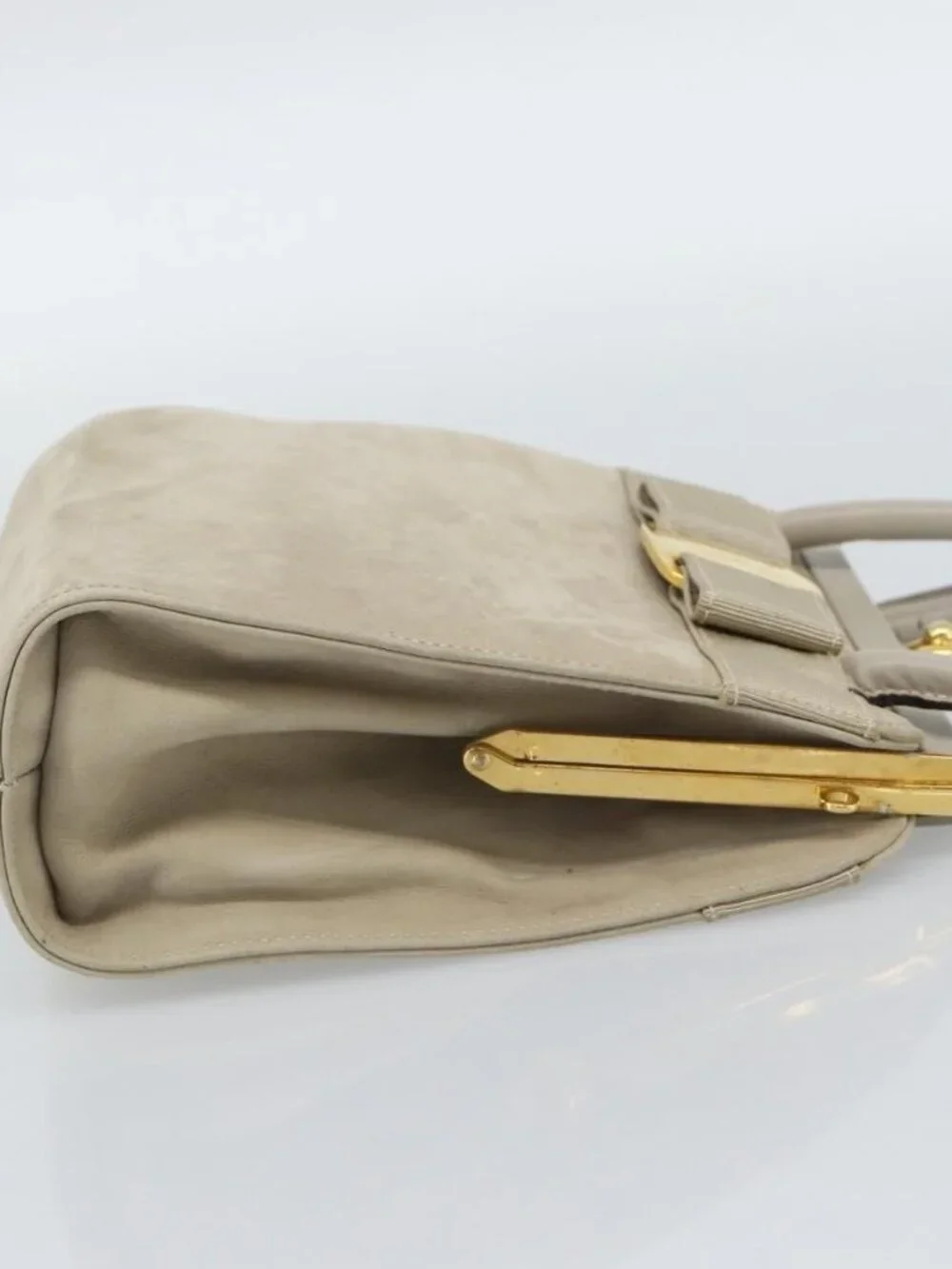 Salvatore Ferragamo Vala Hand Bag Suede Beige Gold Auth ka4791